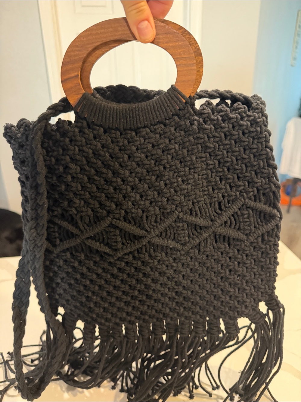Danielle Nicole Black Macrame Crossbody with Wooden Ring Handle